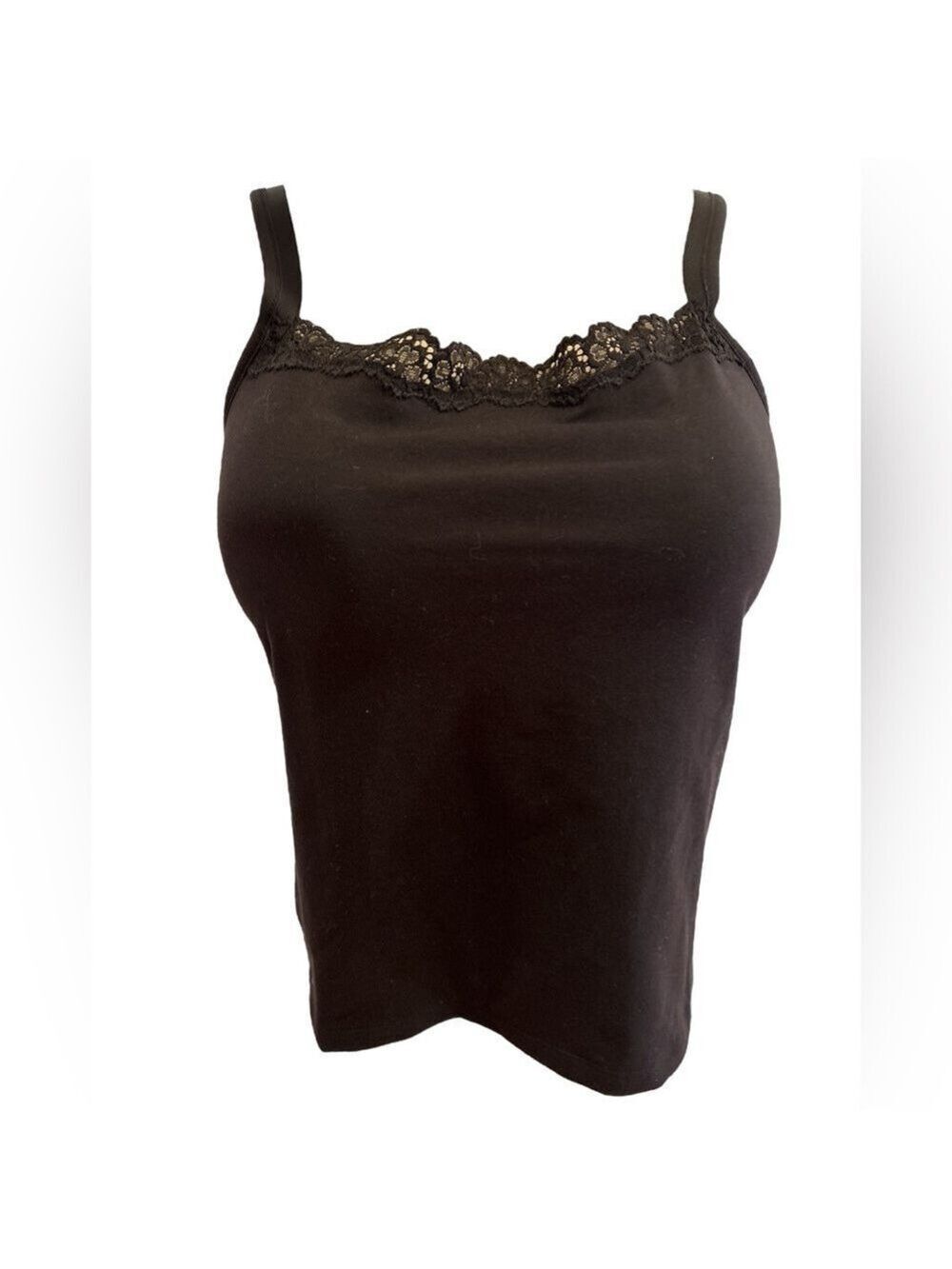 NWOT BALI 40D BLACK CAMISOLE W LACE TRIM TOP MINIMALIST INTEGRATED BRA SHAPEWEAR